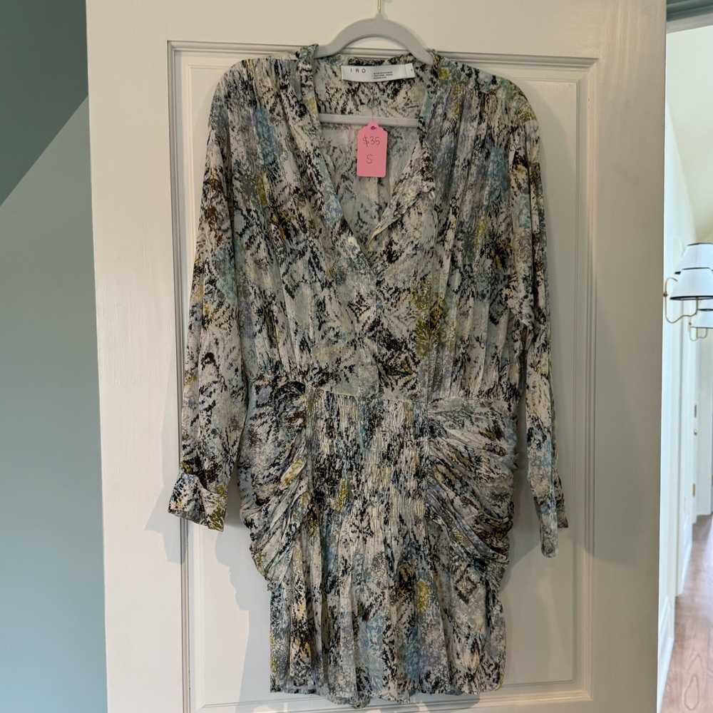 IRO Deniz Ruched Printed Cotton Mini Dress In Light Green